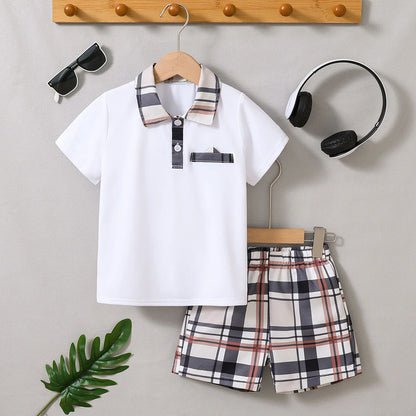 Summer Boys' Fashionable Plaid Printed T-Shirt Shorts Two-Piece Suit Simple Fashion Casual Style