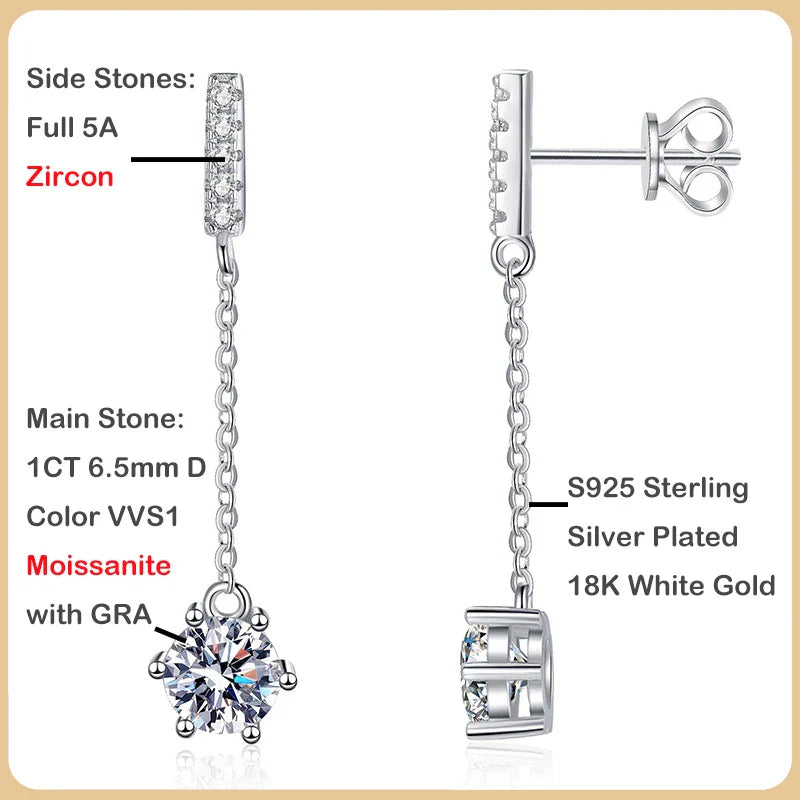 Luxury 100% Real D Color 1CT Moissanite Drop Earring for Women Girls S925 Silver Diamond Long Tassel Dangle Earrings Gift