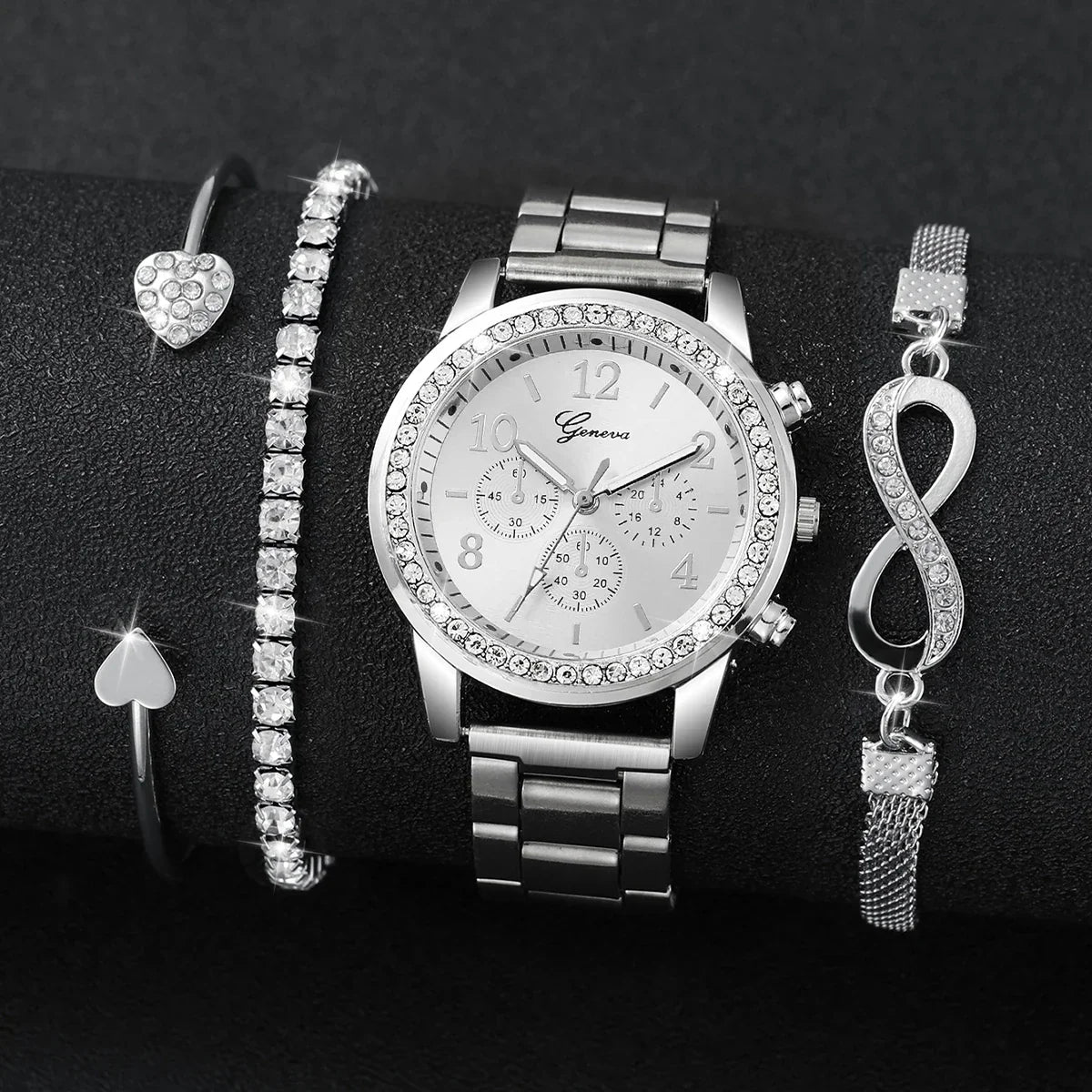 Women's Watch Fashion Rhinestone Arabic Dial Steel Band Quartz Watches Bracelets Set