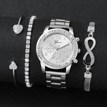 Women's Watch Fashion Rhinestone Arabic Dial Steel Band Quartz Watches Bracelets Set