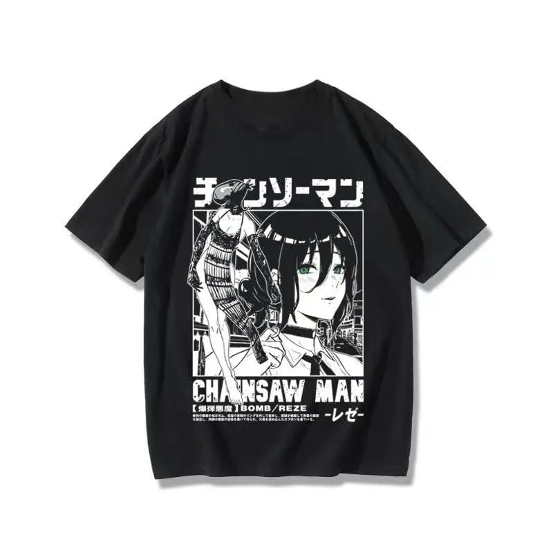 Summer Men's T-shirts Japanese Anime Chainsaw Man Reze Graphic Clothing Harajuku Y2K  Half-sleeve Women’s Oversize Cotton Tops