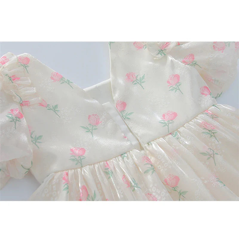 2024 Summer New Girls Princess Dress Full Print Flowers Puff Sleeve Bow Mesh DresseTutu Birthday Party Gown For 2-12 Years Kids