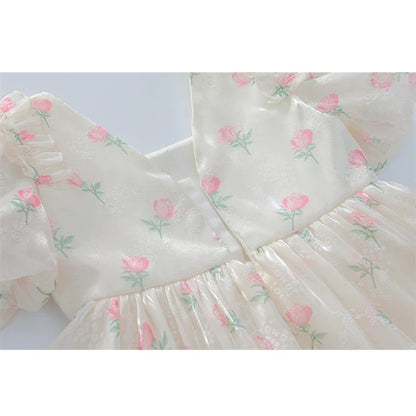 2024 Summer New Girls Princess Dress Full Print Flowers Puff Sleeve Bow Mesh DresseTutu Birthday Party Gown For 2-12 Years Kids