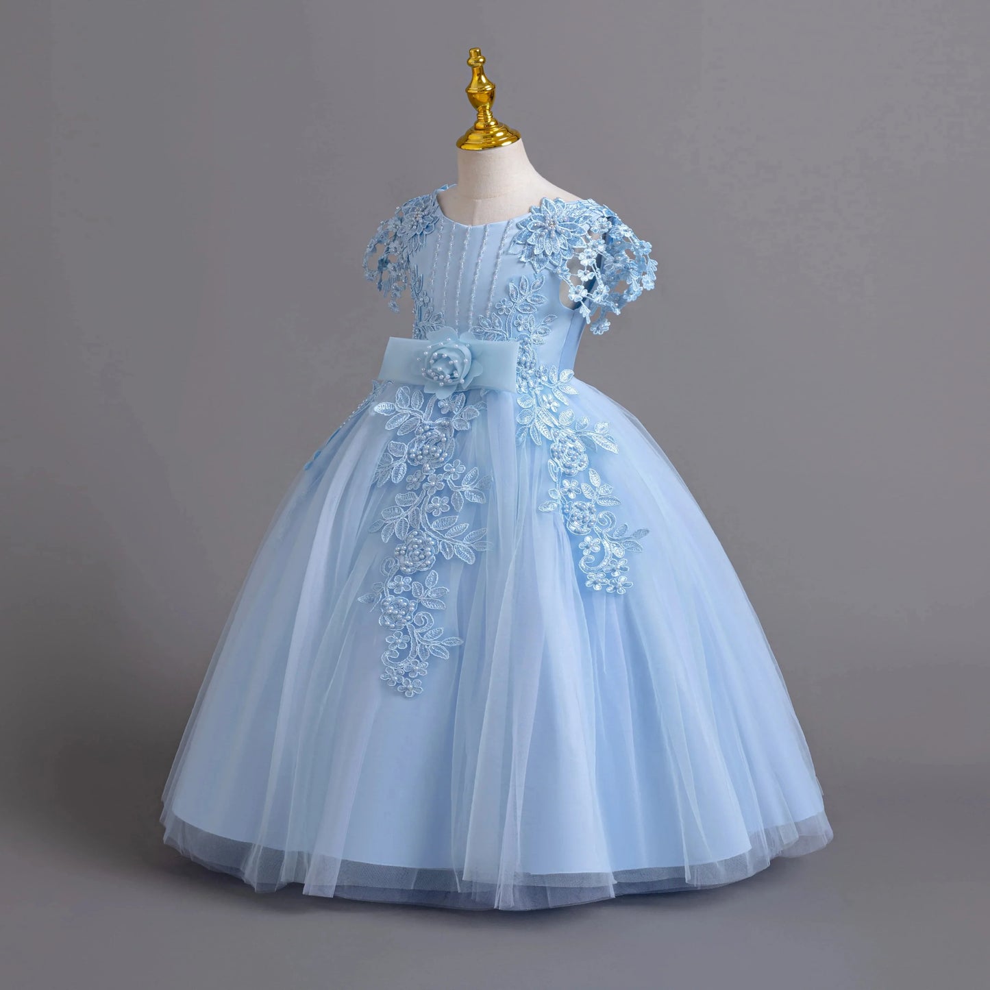 Lace up Tulle Flower Girl Dress Chest with flowers First Communion Ball Gown Wedding Party Bridesmaid Dress Kids 12Y