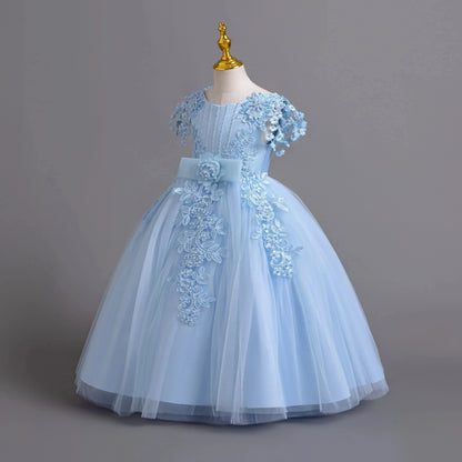 Lace up Tulle Flower Girl Dress Chest with flowers First Communion Ball Gown Wedding Party Bridesmaid Dress Kids 12Y