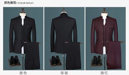 Suit (Blazer+ Vest + Pants) Men's Fashion Gentleman Business Outdoor Standing Collar Gentleman Wedding Work Casual MAO Suit