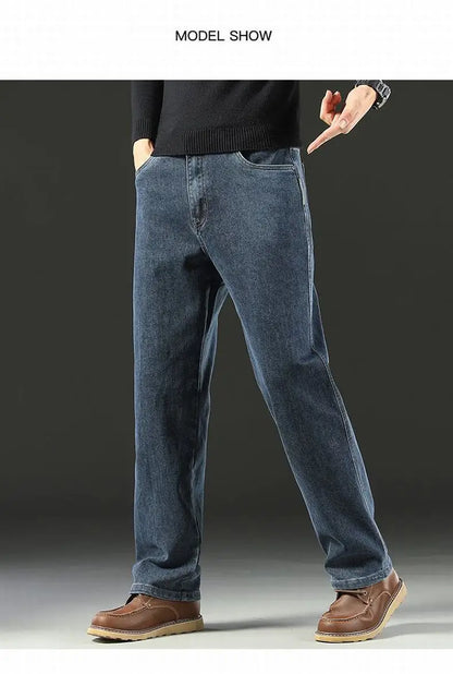 Men's Spring Autumn Soft Baggy Jeans Casual Straight Stretch Wide-Leg Business Denim Pants Versatile Comfortable Loose Trousers