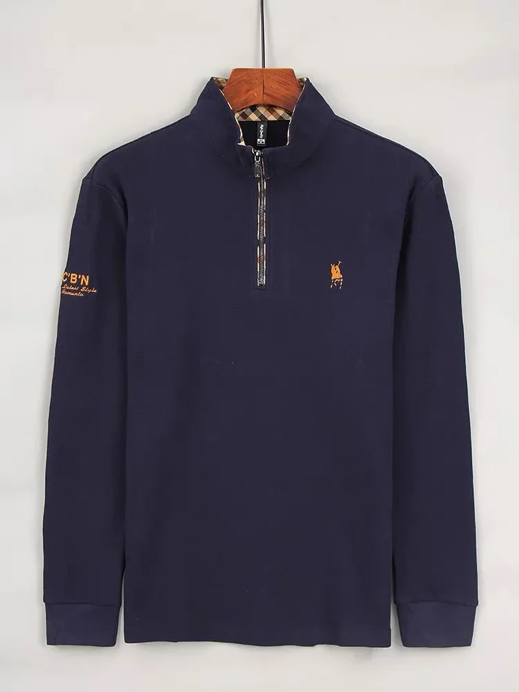 Luxury new Half Zipper Long Sleeve T-shirt 100% Cotton Brand Embroidered Stand Collar Men's Clothing Autumn Casual polo shirt