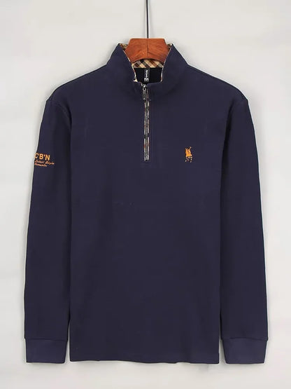 Luxury new Half Zipper Long Sleeve T-shirt 100% Cotton Brand Embroidered Stand Collar Men's Clothing Autumn Casual polo shirt