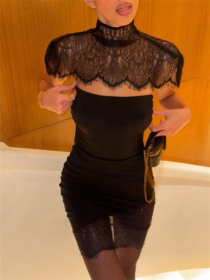Lace Backless Sexy Mini Dress Women Gown Elegant See Through Turtleneck Sleeveless Bodycon Club Party Dresses Female