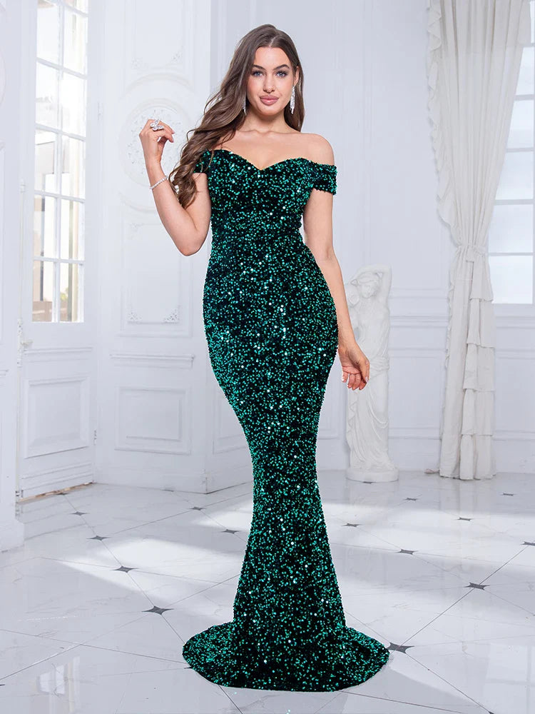Vestido de Noite Sereia Romagic com Ombro a Ombro Vermelho, Paetê Elástico, Veludo, Gola Cortada, Comprimento Longo, Vestido de Luxo para Festa Feminina