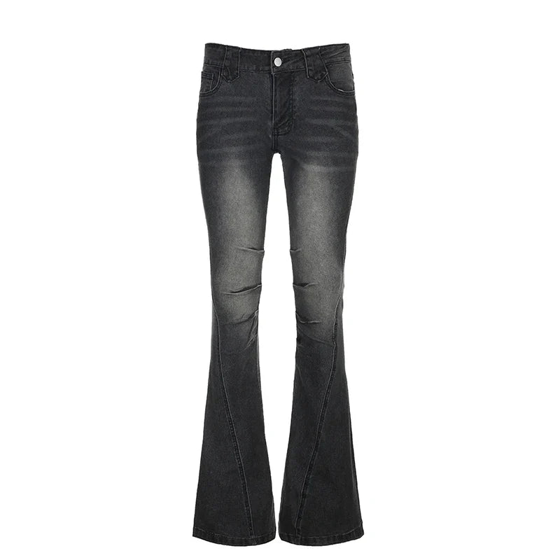 Folds y2k Flare Jeans Vintage Low Rise Denim Trousers Aesthetic Streetwear Distressed Mom Jeans Women Casual Skinny Pants