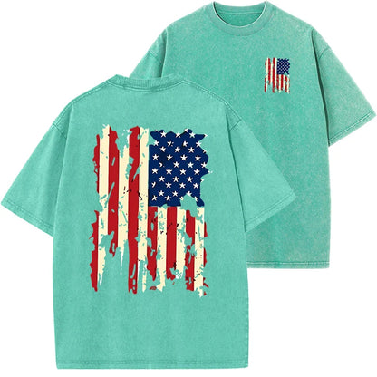 Set American Flag Graphic Prints Men Tshirt Summer Vintage Washed Cotton Tees Loose Short Tee Clothing Medium Strecth Tops