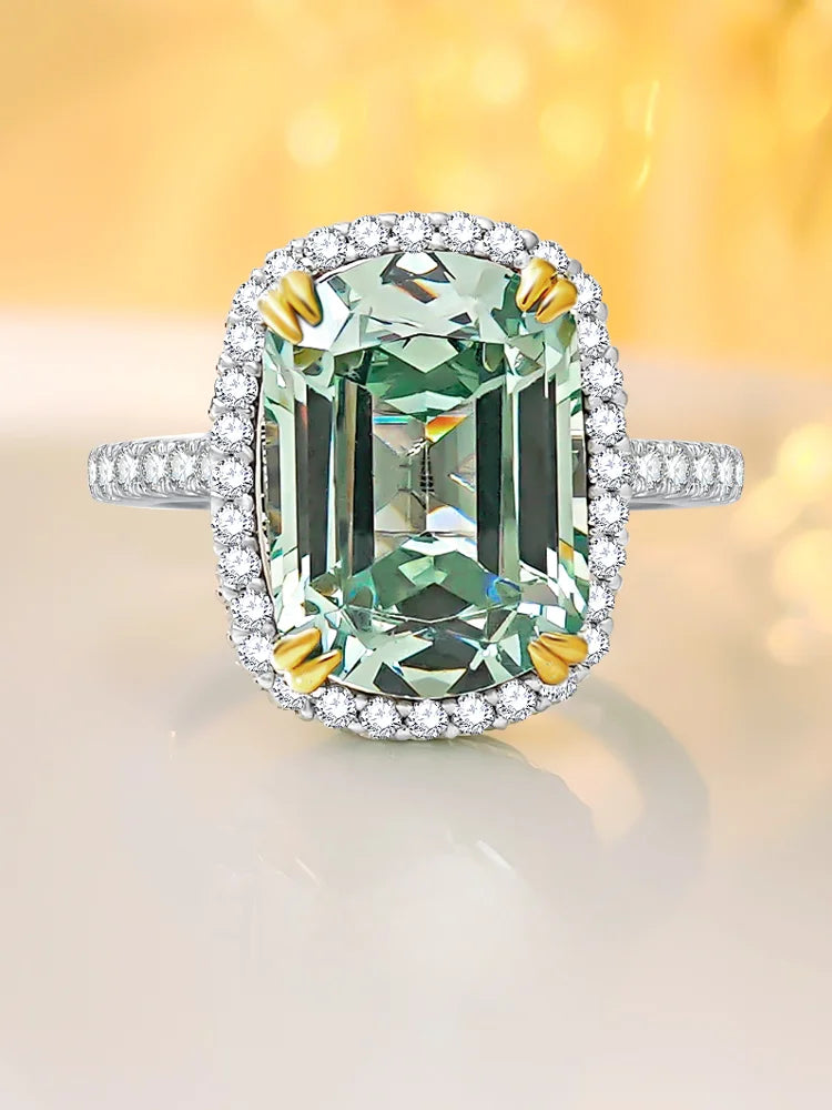 Luxurious light green tourmaline 925 sterling silver ring set with high carbon diamond temperament niche and versatile for women