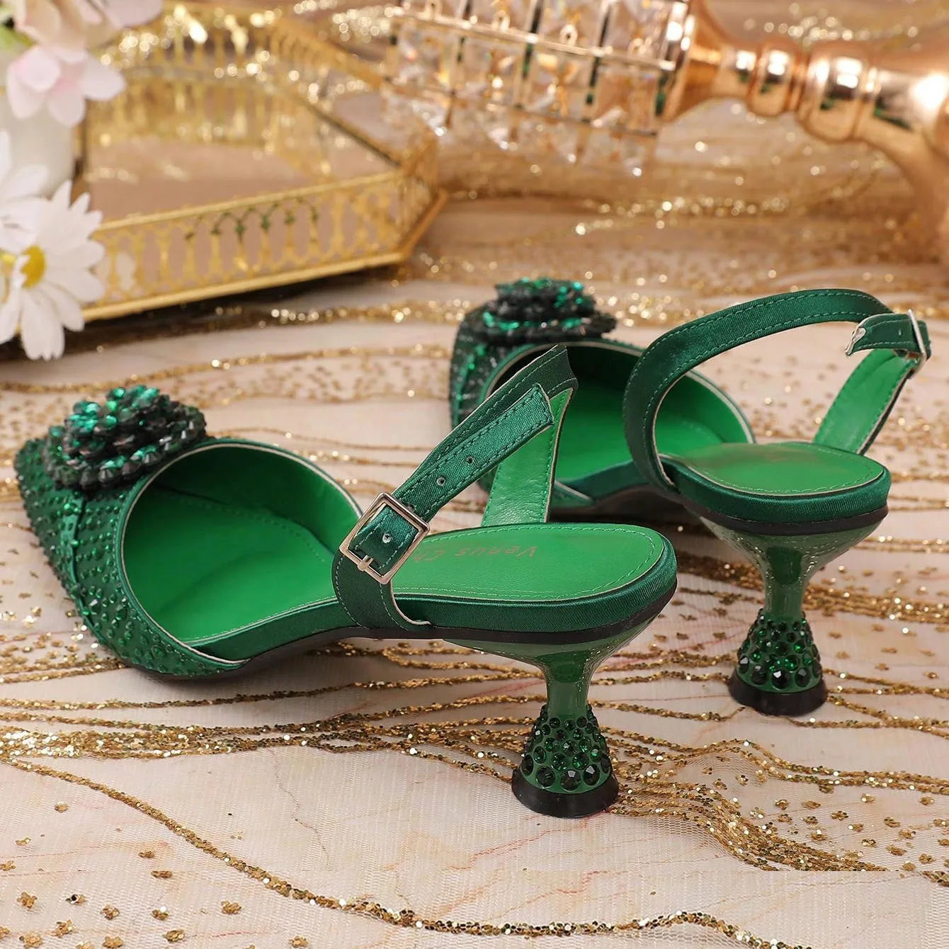 Green Colour Wedding High Heels for Women Italy Design Rhinestone  Decorate Pointed-Toe Gorgeous Parties 2025 INS Lady Plus Size
