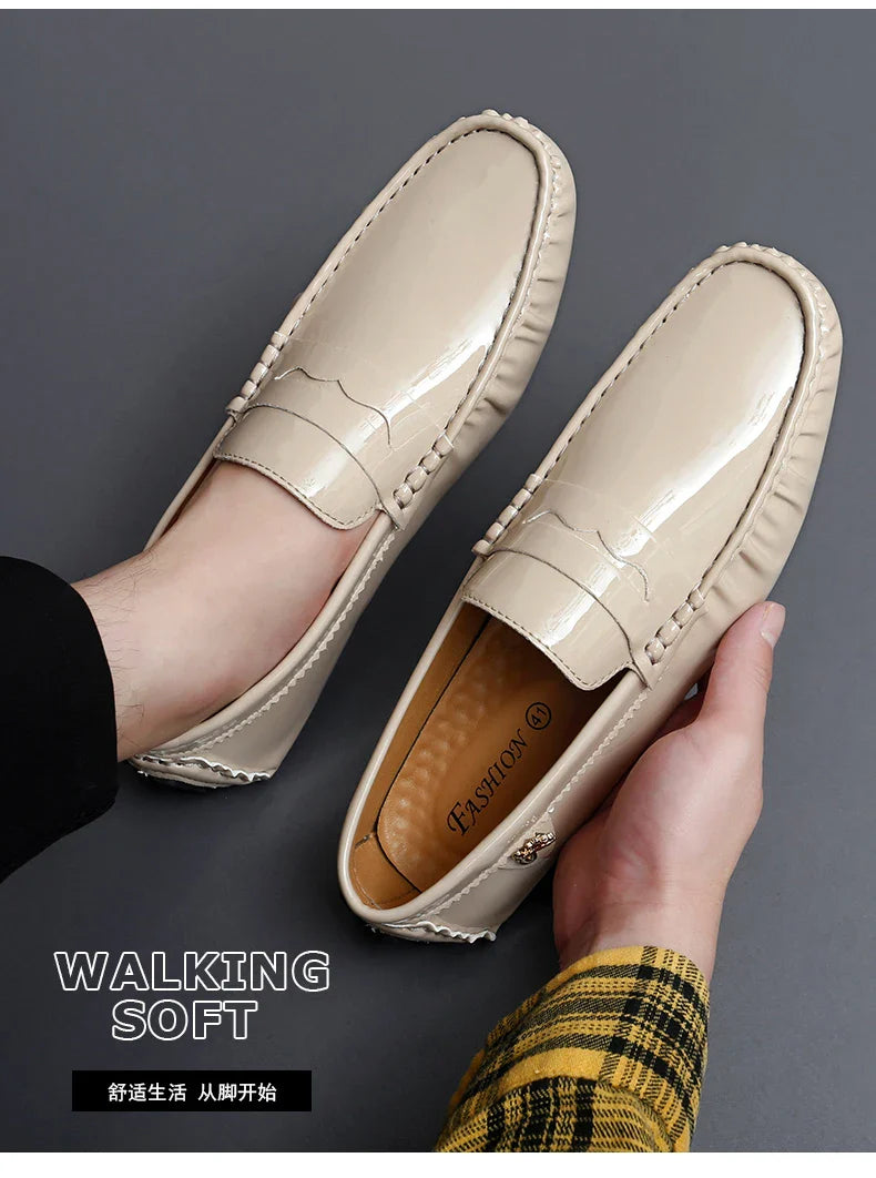 Patent Leather Beanie Shoes Men's New Spring and Summer Large Size Patent Leather Casual British Leather Shoes Women's Slip-On Lazy Casual Shoes Handmade Shoes