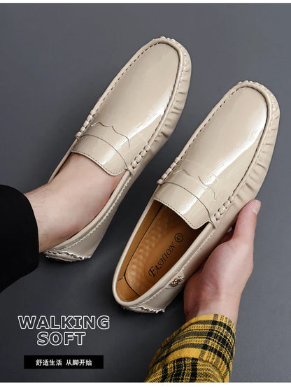 Patent Leather Beanie Shoes Men's New Spring and Summer Large Size Patent Leather Casual British Leather Shoes Women's Slip-On Lazy Casual Shoes Handmade Shoes