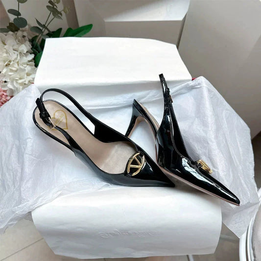 Thin heeled Baotou sandals for women's summer 2026 new style, pointed back strap, metal buckle, versatile high-heeled sandals