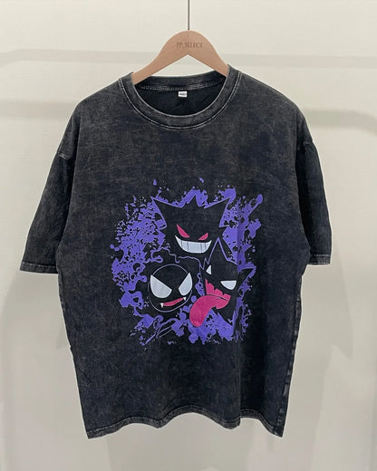 2026 Vintage Washed Mens Womens T Shirt Gengar Anime Short Sleeves Tee Graphic Print Casual Top Summer Y2k Streetwear