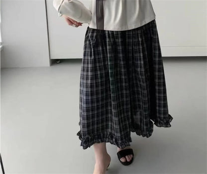 Retro Black Plaid High Waist A-Line Midi Skirt Women's Summer New Korean Fashion Maxi Skirt Lace Trim Umbrella Skirt Streetwear