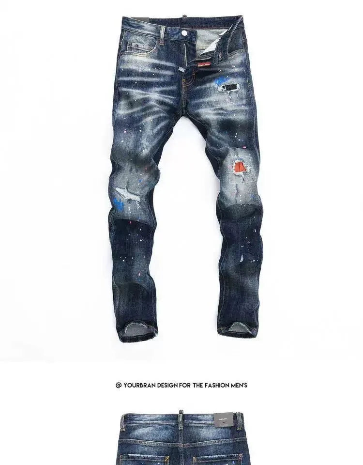 Autumn and Spring New Fashion Trend Retro Ripped Straight Leg Elastic Denim Pants for Men Casual Sports High Quality Jeans