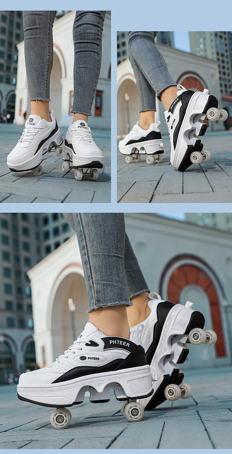 Deformation Shoes Roller Sneakers With 4 Wheels Skates Adult Kids Runaway Parkour Wheels Shoes For Women Men Youth Sport Shoes