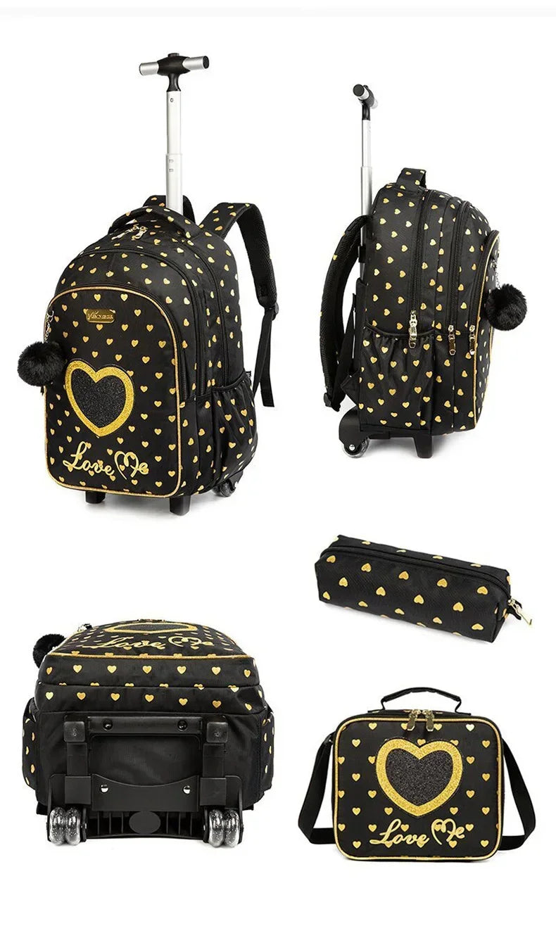 Children's Wheeled Backpack Bag Set with Lunch Box School Rolling Backpack Bag with Wheels School Trolley Backpack Bag for Girls