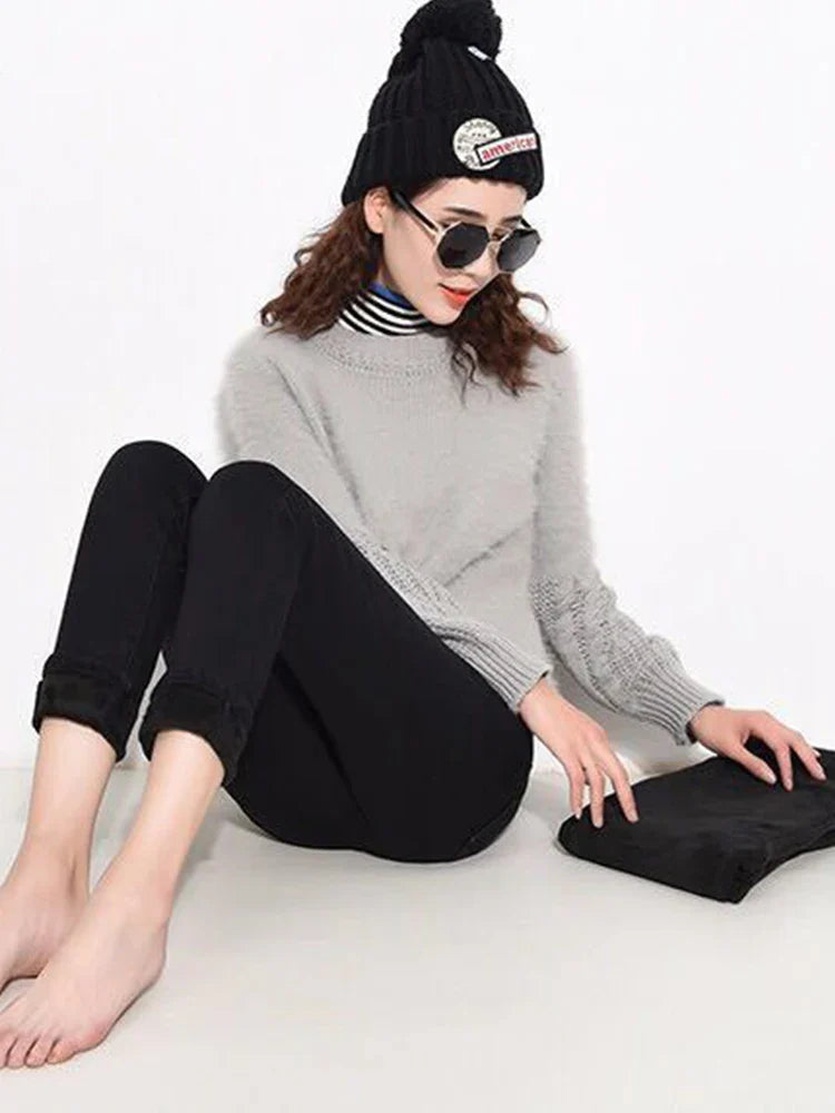 Women's Thick Velvet Jeans, Stretch High Waist Pencil Pants