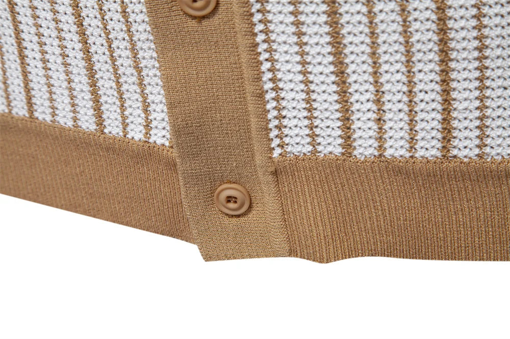 2025 Men's Striped Mesh Polo Shirt - Breathable Contrast Panel Knit Top with Turn-Down Collar