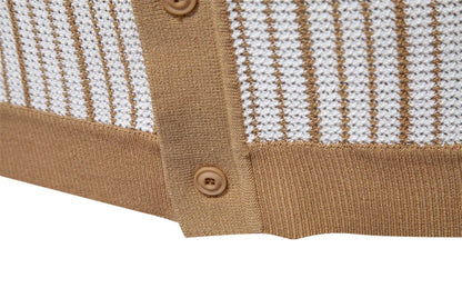 2025 Men's Striped Mesh Polo Shirt - Breathable Contrast Panel Knit Top with Turn-Down Collar