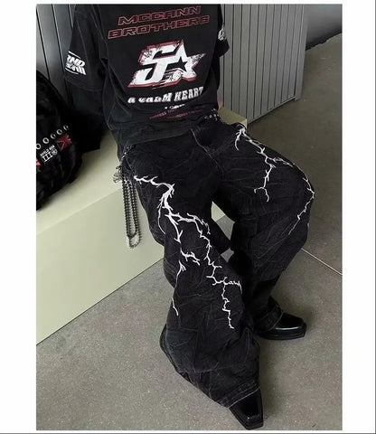 American High Street Y2K Style Thorn Lightning Embroidery Wide-Leg Jeans for Men, Niche Hip-Hop Loose Straight-Leg Flared Pants
