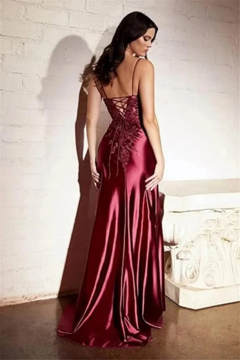 Women's Satin Appliques Prom Dresses with High Slit V Neck Mermaid Evening Gown Formal Party Dress