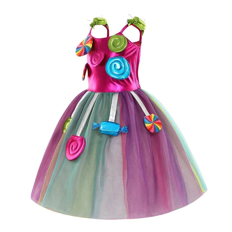 New Sweet Lollipop Candy Girl Dress Carnival Party Little Kids Birthday Costume Fancy Rainbow Tutu Children Wedding Clothes