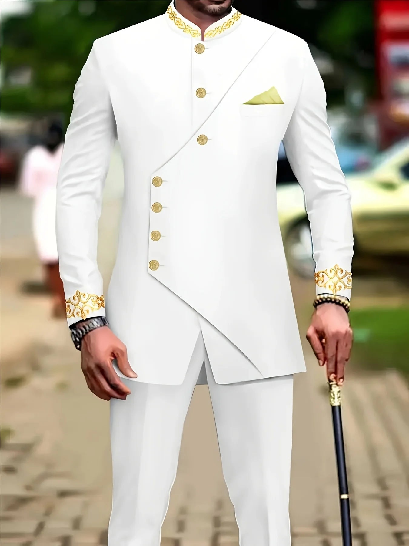 Men's casual two-piece suit set with long sleeves, mid-length jacket and trousers.