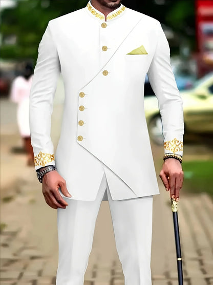 Men's casual two-piece suit set with long sleeves, mid-length jacket and trousers.