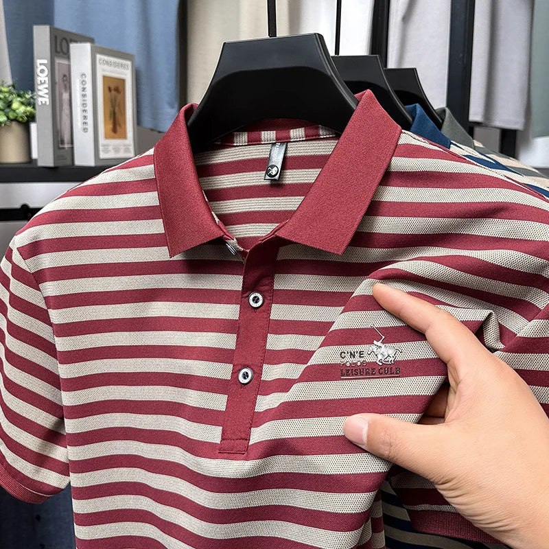 Summer High End Man Polo Shirt Striped Lapel Short Sleeve Horse Lette Print New Breathable T-Shirt Classic Commuter Menswear Top