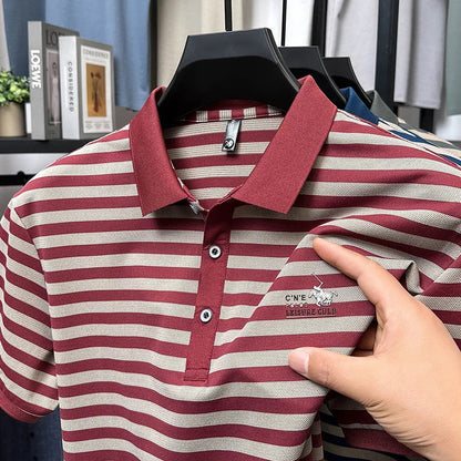 Summer High End Man Polo Shirt Striped Lapel Short Sleeve Horse Lette Print New Breathable T-Shirt Classic Commuter Menswear Top