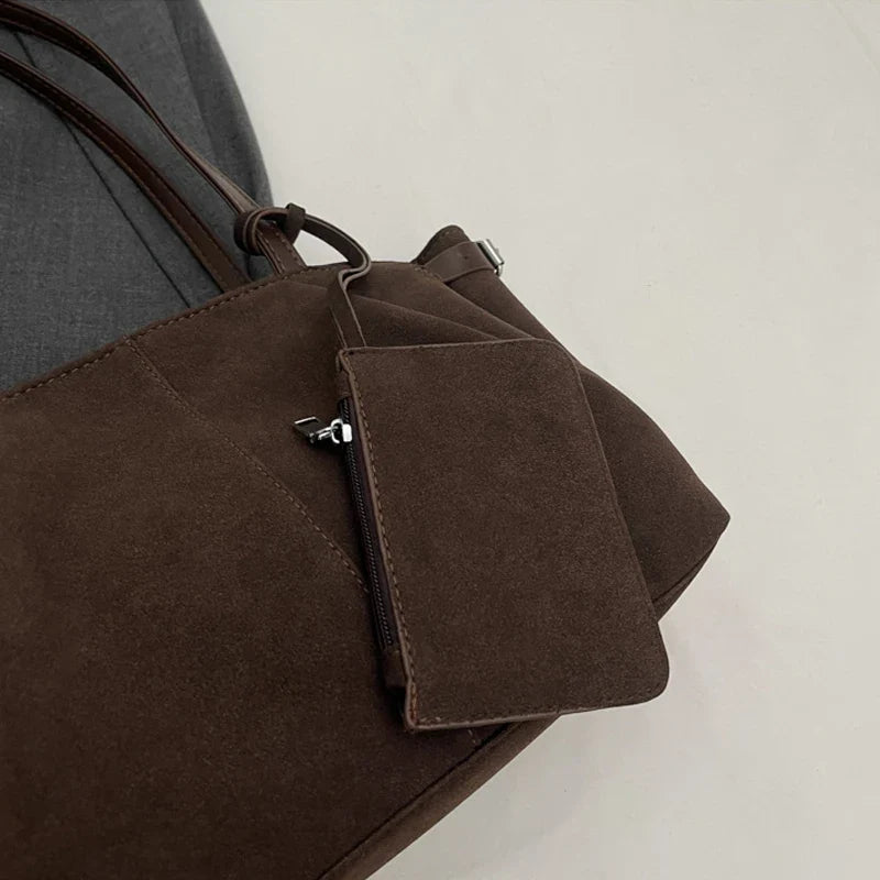 Suede Shoulder Bags for Women Large Suede Totes Lightweight Underarm Bag Casual Shopper Handbag Solid Color Travel Bucket Bags