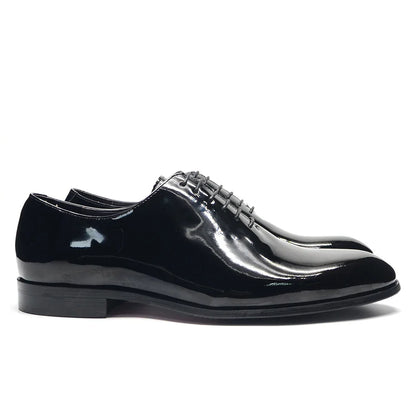 Luxury Men's Dress Shoes Burgundy Smooth Patent Leather Italian Whole Cut Plain Toe Oxford Lace-Up Wedding Party Formal Shoes