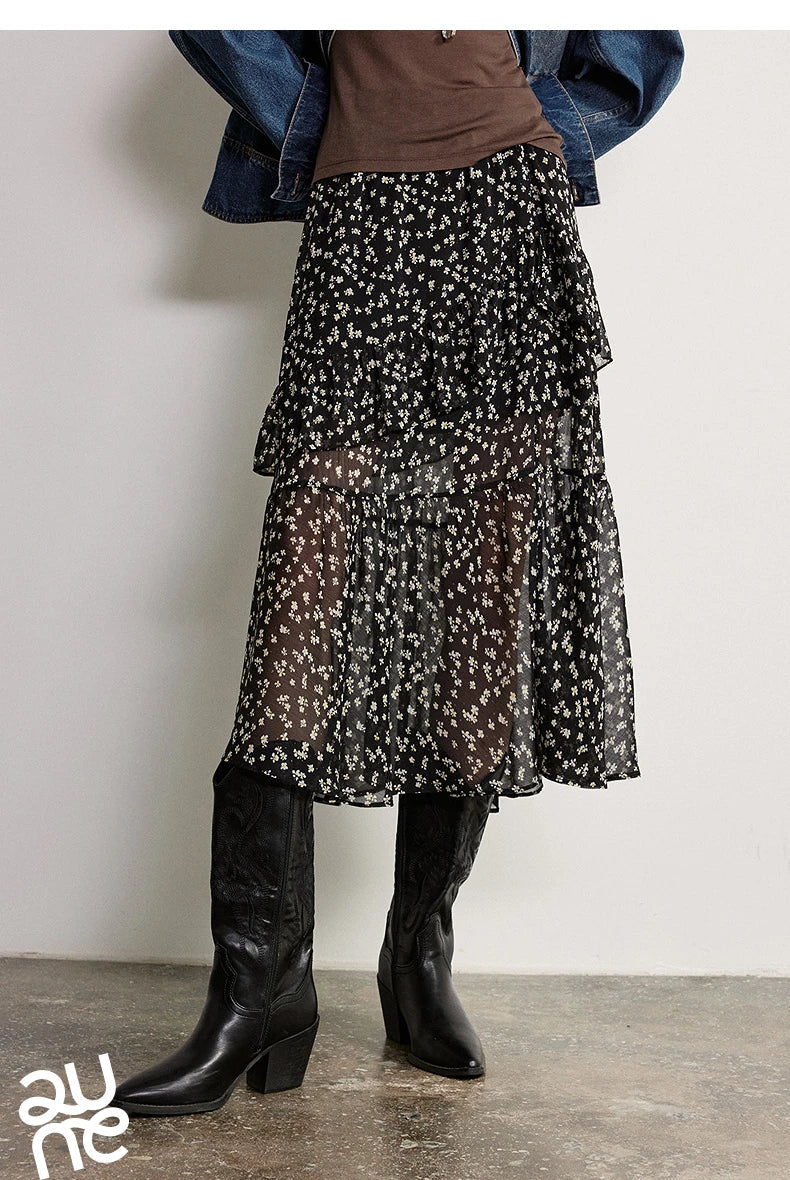 Women Chiffon Skirt 2026 Spring New Country Style Light and Flowing Floral Print Layered Ruffled Skirt