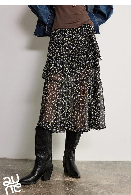 Women Chiffon Skirt 2026 Spring New Country Style Light and Flowing Floral Print Layered Ruffled Skirt