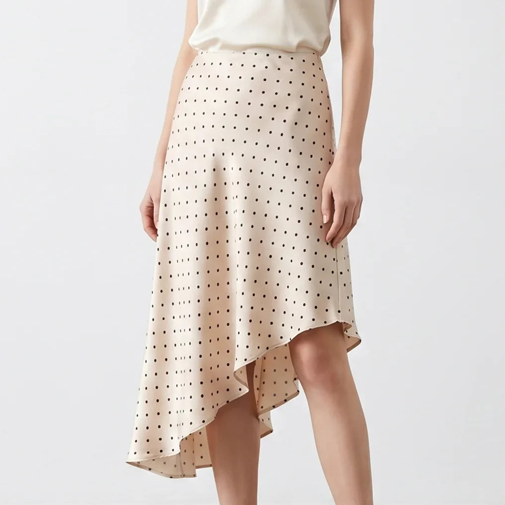 Elegant Women's Polka Dot Satin Midi Skirt High Waist Asymmetrical Hem Flowy Slip Skirt