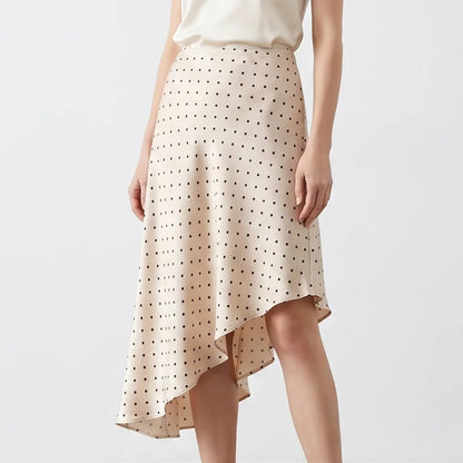Elegant Women's Polka Dot Satin Midi Skirt High Waist Asymmetrical Hem Flowy Slip Skirt
