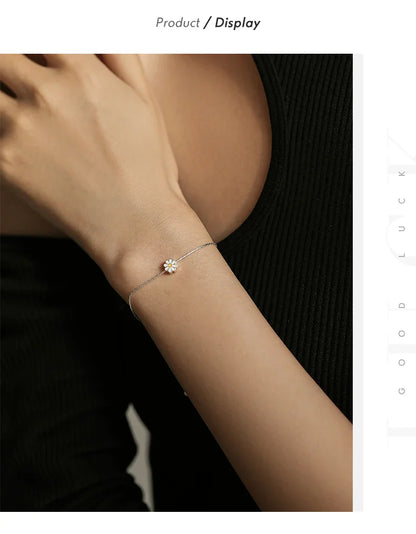 925 Sterling Silver Exquisite Enamel Daisy Flowers Bracelet Trendy Adjustable Snake Chain For Women Valentine’s Day Gifts