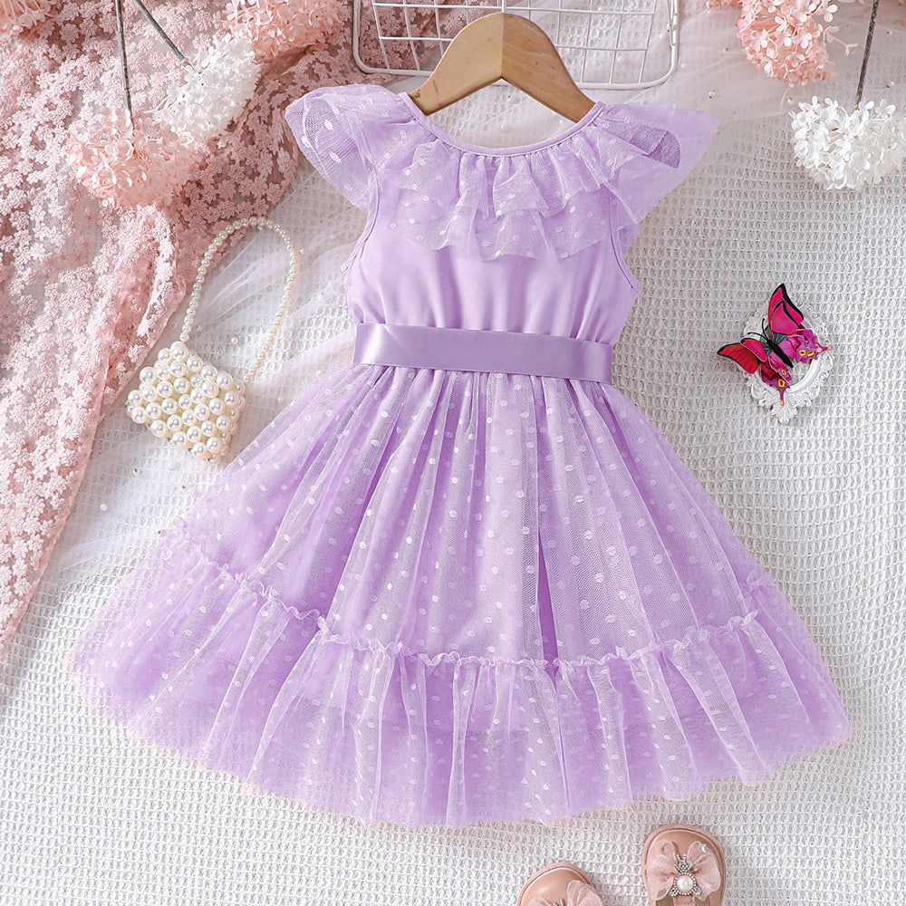 Toddler Girls' Pink Polka Dot Mesh Dress - Flutter Sleeves, Big Bow Waist, Sweet Spring & Summer Princess Dress