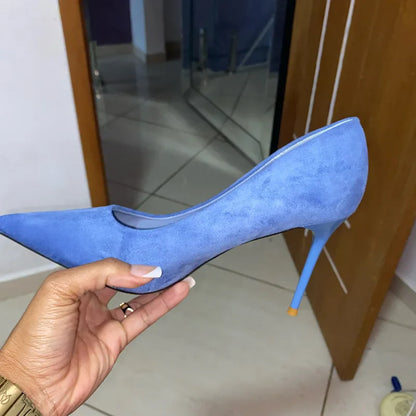Women 9cm High Heels Pumps Stripper Flock Suede Plus Size Escarpins Lady Wedding Bridal Heels Escarpins Green Blue Yellow Shoes