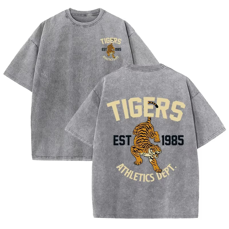 Stronger Tiger Sport Print Wash T Shirt Woman Summer Comfortable Washed Tee Casual Shortwear Soft Cotton Unisex Clothes