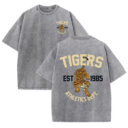 Stronger Tiger Sport Print Wash T Shirt Woman Summer Comfortable Washed Tee Casual Shortwear Soft Cotton Unisex Clothes