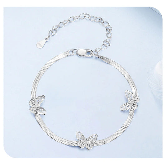 Hollow Butterfly Bracelets Wide Flat Snake Link Chain Charm Bangle Adjustable for Women Jewelry Gift 925 Sterling Silver