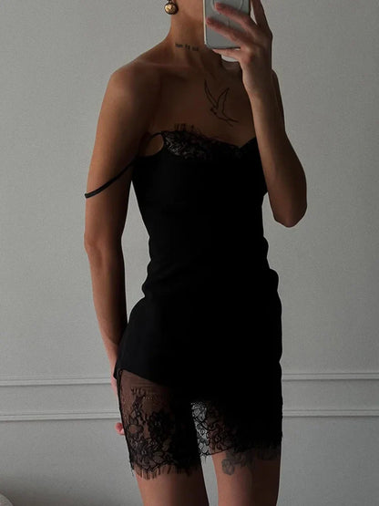 Solid Patchwork Lace Dresses For Women Fashion Sexy Straps Sleeveless V-Neck Sheath Sheer Mini Vestidos Robes Female Slim Fit